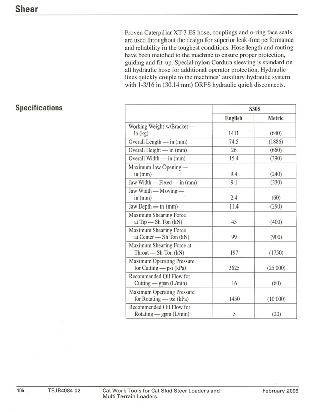 Cat S305 Shear Specs